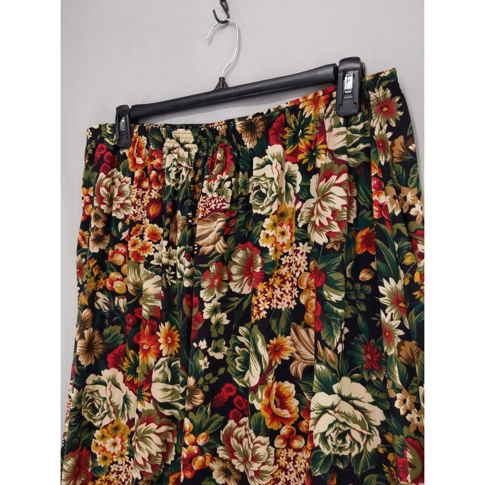 Vintage 90s Rayon Midi Skirt Womens 22W Black Floral Elastic Waist Cricket Lane - Picture 2 of 8